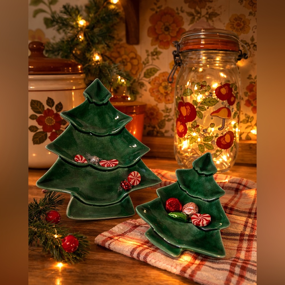 VTG 1976 Set of 2 Nesting Christmas Trees Green Ceramic